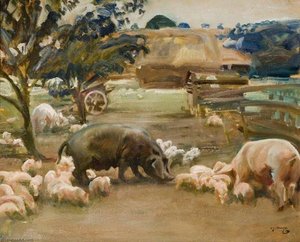 Schweine In Great Thurlow, Suffolk — Sir Alfred James Munnings, Impressionistische Landschaft