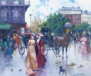 Elegant Figures Before A Carriage In A Parisienne Square — Joan Roig Soler