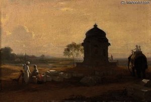 Indian Landscape With A Monument, Figures And An Elephant In The Foreground — William Frederick Witherington