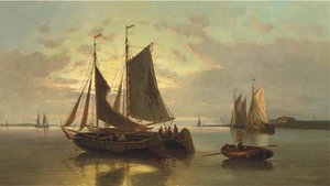 Barges On The Scheldt At Dusk — Abraham Hulk Senior