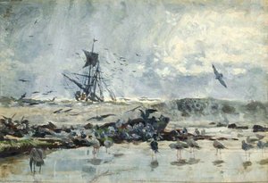 A Ship And Seabirds Near The Coast — William Lionel Wyllie