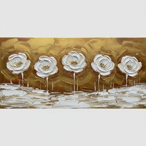 Gilded Serenity: A Monochromatic Study Of Sculptural White Florals In Radiant Gold — David Moreau, Plaster & Texture Art