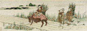 Two Women Gathering Iris And Boy Playing Flute On Bull — Katsushika Hokusai