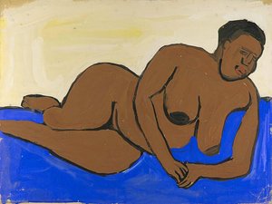 Female Nude Reclining On Blue Ground — William H. Johnson