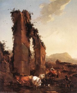 Bauern mit Vieh an einem verfallenen Aquädukt