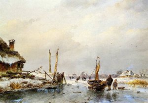 Winter View With Ice Boat Sun — Andreas Schelfhout