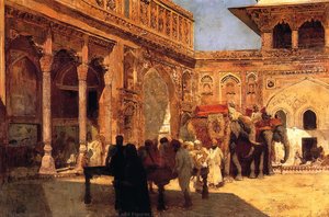 Elephants And Figures In A Courtyard, Fort Agra — Edwin Lord Weeks, Orientalist Painting