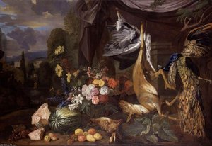 Still-life With Flowers And Fowl — Pieter Andreas Rysbrack