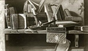 Candlestick, Pipe, Inkwell And Books On Shelf, (painting) — John Frederick Peto