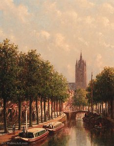 Moored canal boats along the Oude Delft, Delft, with the Oude Kerk towering in the background