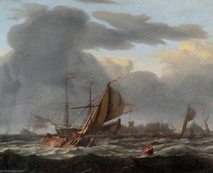 A Warship At Anchor In A Rough Sea — Ludolf Backhuysen I, Dutch Golden Age