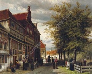 Huizen Van Bossu Te Hoorn. A Busy Day At The Slapershaven — Cornelis Springer, Realism