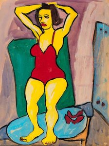 Standing Woman In Red Bathing Suit With Hands On Head — William H. Johnson, Expressionism