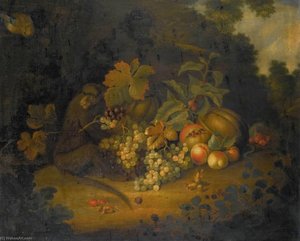 Still Life Of Fruit With A Monkey — George William Sartorius