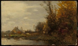 Autumn Landscape With A Cottage At Waterside — Roman Kochanowski