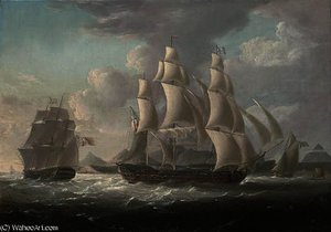 Royal naval frigates and an armed cutter off a west indian island