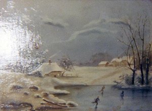 Three Ice Skaters on Lake with Snow Covered Houses, (painting)