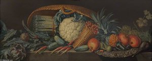 Still Life Of Vegetables, A Pineapple And Other Fruit With A Silver Platter On A Ledge — Pieter Andreas Rysbrack