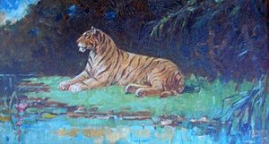 (Lion with Tropical Foliage in Background), (painting)