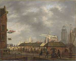 The small Fish Market on the Corner of the Brouwersgracht and Singel, Amsterdam, Johannes Jelgerhuis, 1826