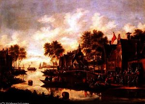 A Village Kermesse With Players On A Stage By An Inn And Men Drinking In Boats — Thomas Heeremans