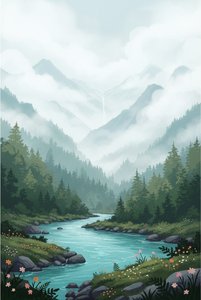 Ethereal Serenity: A Singular Vision Of Misty Peaks And Winding Teal Waters — Laurent Blanc, Digital Art
