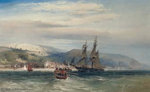 A Ship In A Harbour With Rowing Boats And Yachts, A Coastal Town And Fortress Beyond — John Callow