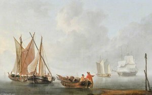 Fishermen And Boats With Two Sailing Ships Beyond — Charles Martin Powell