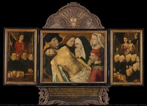 Memorial Triptych, Formerly Called The Gertz Memorial Triptych, With The Lamentation (central Panel), Nine Male Donor Portraits With Saint John The Evangelist (left Wing, Inner), Nine Female Donor Portraits With The Virgin And Child (right Wing, Inne.... — Hugo Van Der Goes