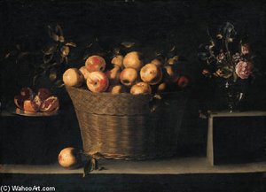 Apples In A Wicker Basket With Pomegranates On A Silver Plate And Flowers In A Glass Vase On A Stone Ledge