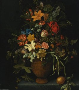 A Floral Still Life With Yellow And White Lilies, An Iris, A Sunflower, A Narcissus, Carnations And Other Flowers In A Terracotta Vase, Placed On A Ledge With A Lemon, A Lime And A Butterfly — Maria Van Oosterwijck