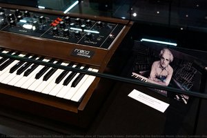 Installation view of Tangerine Dream: Zeitraffer in the Barbican Music Library, London, displaying the Mini Moog