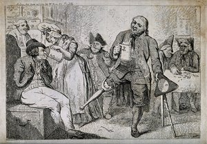 An old sailor with wooden leg and a man with no arms drinkin