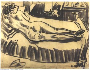Reclining Female Nude On A Couch — Ernst Ludwig Kirchner, Expressionism