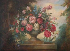 Floral Still Life In An Urn, On A Plinth, With Birds — David Paton