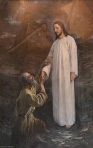 English Peter on the water Suomi Kristus käy veden päällä tai Kristus nostaa veteen vajoavaa Pietaria tai Jeesus kulkee vetten päällä tai Pietari käy yli veden