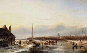 Ice View With Boat And Farm Sun — Andreas Schelfhout