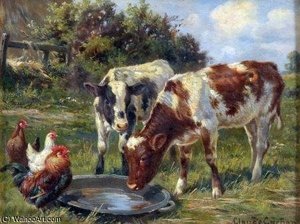 Calves And Chickens Around A Drinking Bowl — Claude Cardon