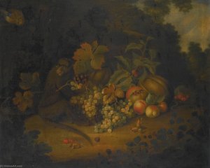 Still Life Of Fruit With A Monkey — George William Sartorius