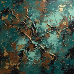 Fractured Gilded Strata: A Monumental Study In Deep Teal And Metallic Chaos — David Moreau, Plaster & Texture Art