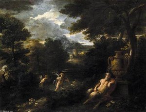 Faun And Cupid In A Landscape — Filippo Lauri