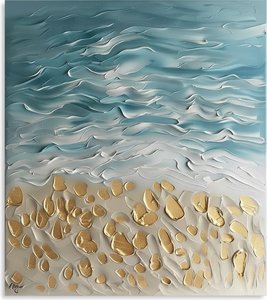 Gilded Shoreline Echoes: A Meditative Study In Teal Waves And Golden Relics — David Moreau