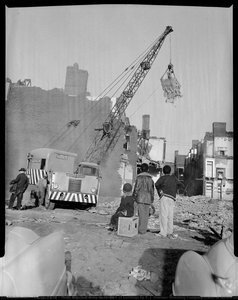 Three Boys Watching Demolition Of Buildings By R. J. Omslaer Wrecking Company Crane, At Future Site Of Civic Arena, Lower Hill District — Charles Harris