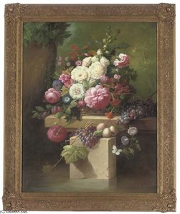 Pink Peonies, Morning Glory, Hollyhocks, Plums And Grapes — Thomas George Webster