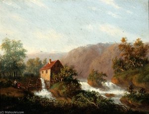 Figures By A Watermill On A River — Carl Eduard Ahrendts