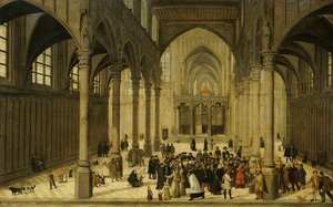 Church interior with Christ preaching to a crowd