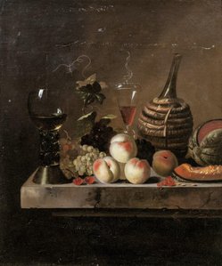 Still Life With Fruit, A Wine Flask In A Basket And A Large Roemer — Jakob Bogdani