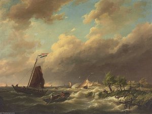 Stormy Coastal Scene With Town Beyond — Hermanus Junior Koekkoek