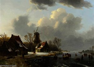 A Winterlandscape With Peasants On A Frozen Waterway, With Farmhouses And A Windmill Beyond — Willem De Klerk