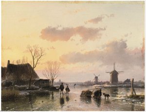 A Winter Landscape With Windmills On The Horizon — Andreas Schelfhout